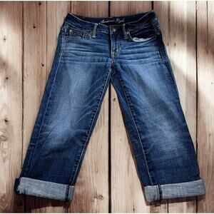 Women's American Eagle Boy Fit Cropped Jeans Sz 0 Cuffed Stretch Dark Blue Wash
